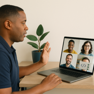 An Image depicting a man interacting with his coworkers remotely over digital tools